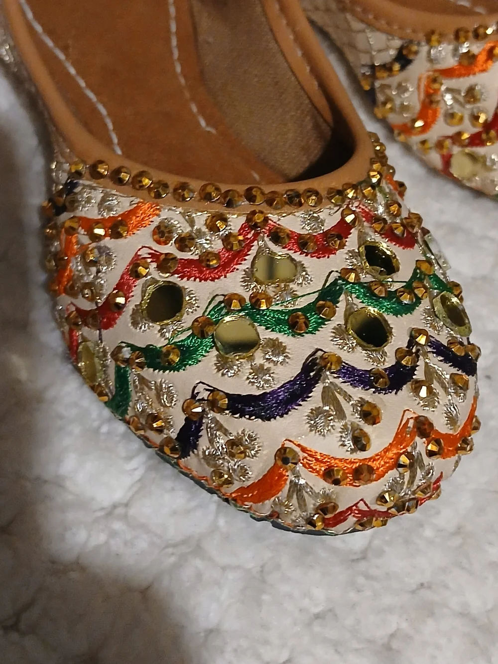 Embellished Kids Jutti Flats in Tan with Multicolor Accents